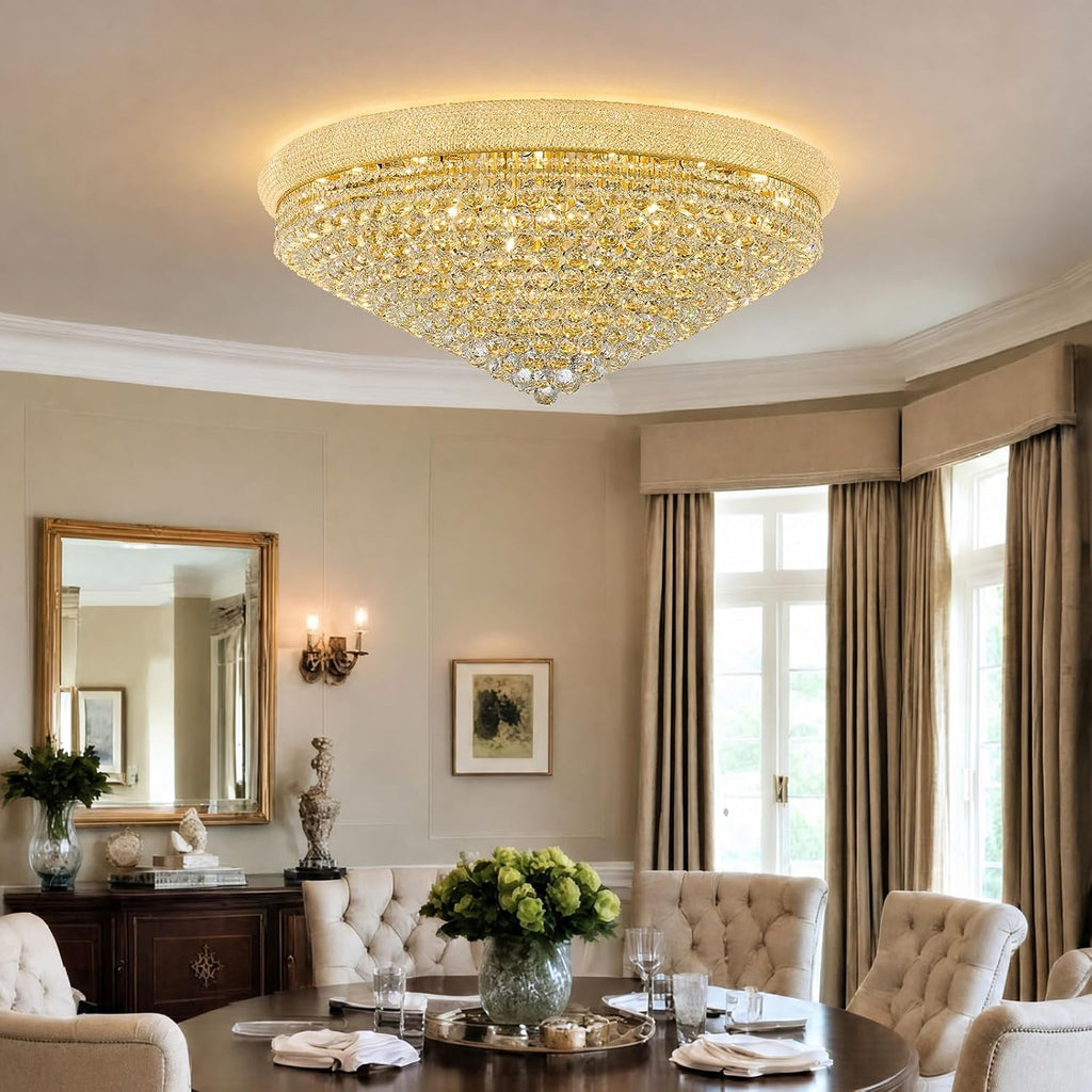 27-Light Large Crystal Chandelier Flush Mount Ceiling Light Fixture for Living Room Entrance Foyer Lobby Gold Finish
