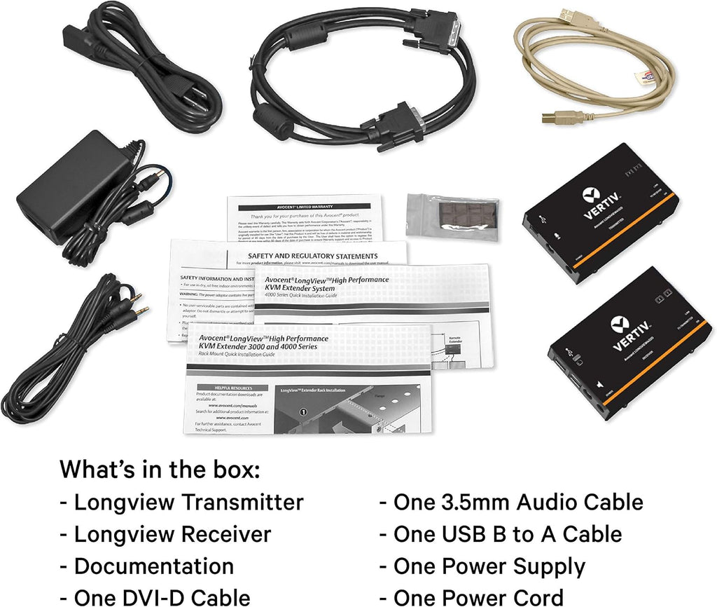 Vertiv Avocent LV 4010P High-Performance HD KVM Extender Kit with Receiver & Transmitter, VGA, Single Monitor, Extend up to 50 m. / 164 ft. (4010P)