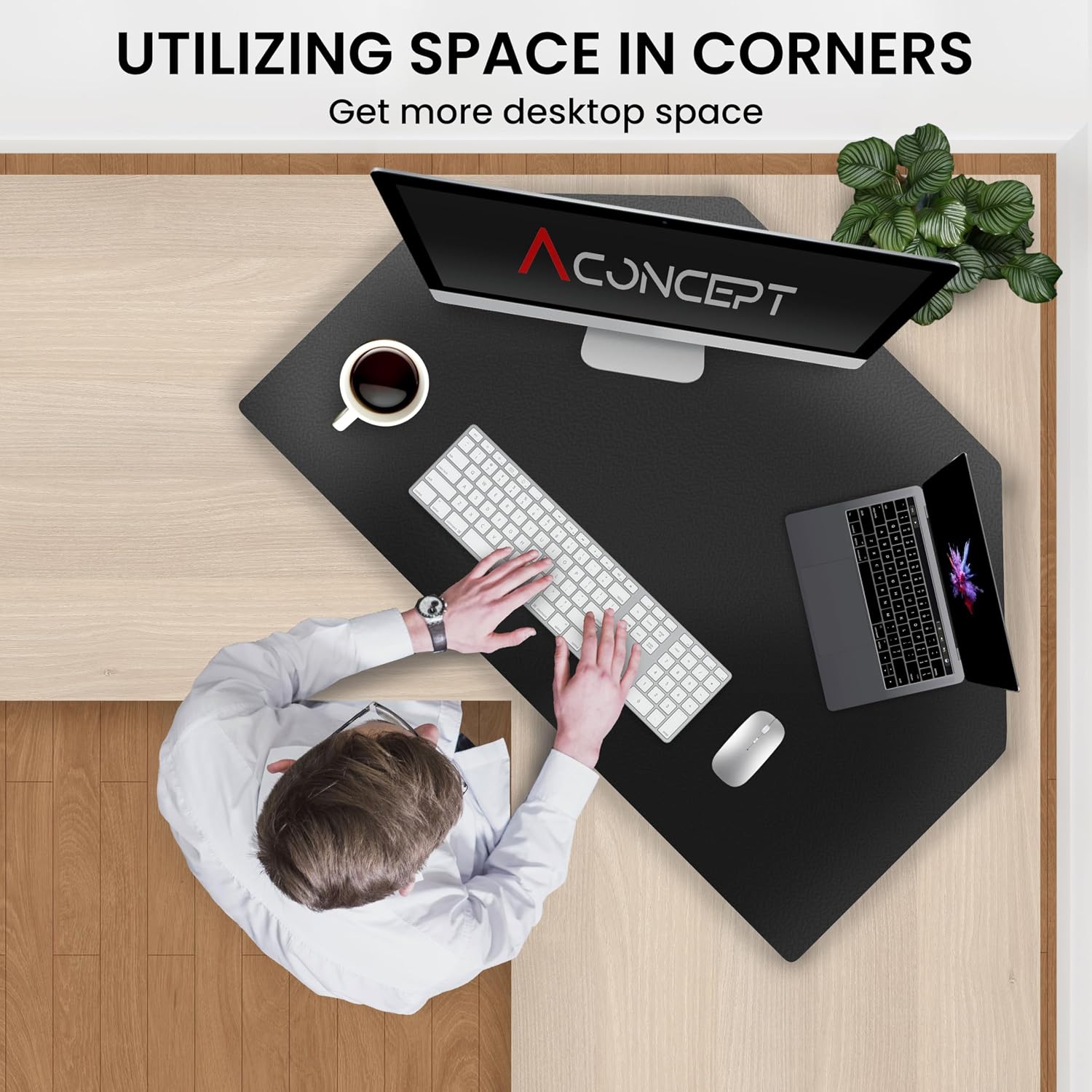 Aconcept 34 inch Black Corner Height Adjustable Standing Desk Converter, One-Click Sit to Stand up Desk Riser, Pre-Assembled Dual Monitor and Laptop Workstation