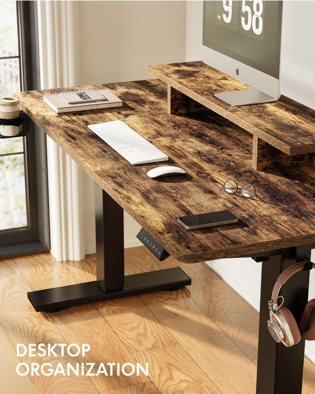 FLEXISPOT Standing Desk with Monitor Stand, 55 x 24 Inches One-Piece Electric Height Adjustable Computer Desk with Cup Holder for Home Office, Rustic