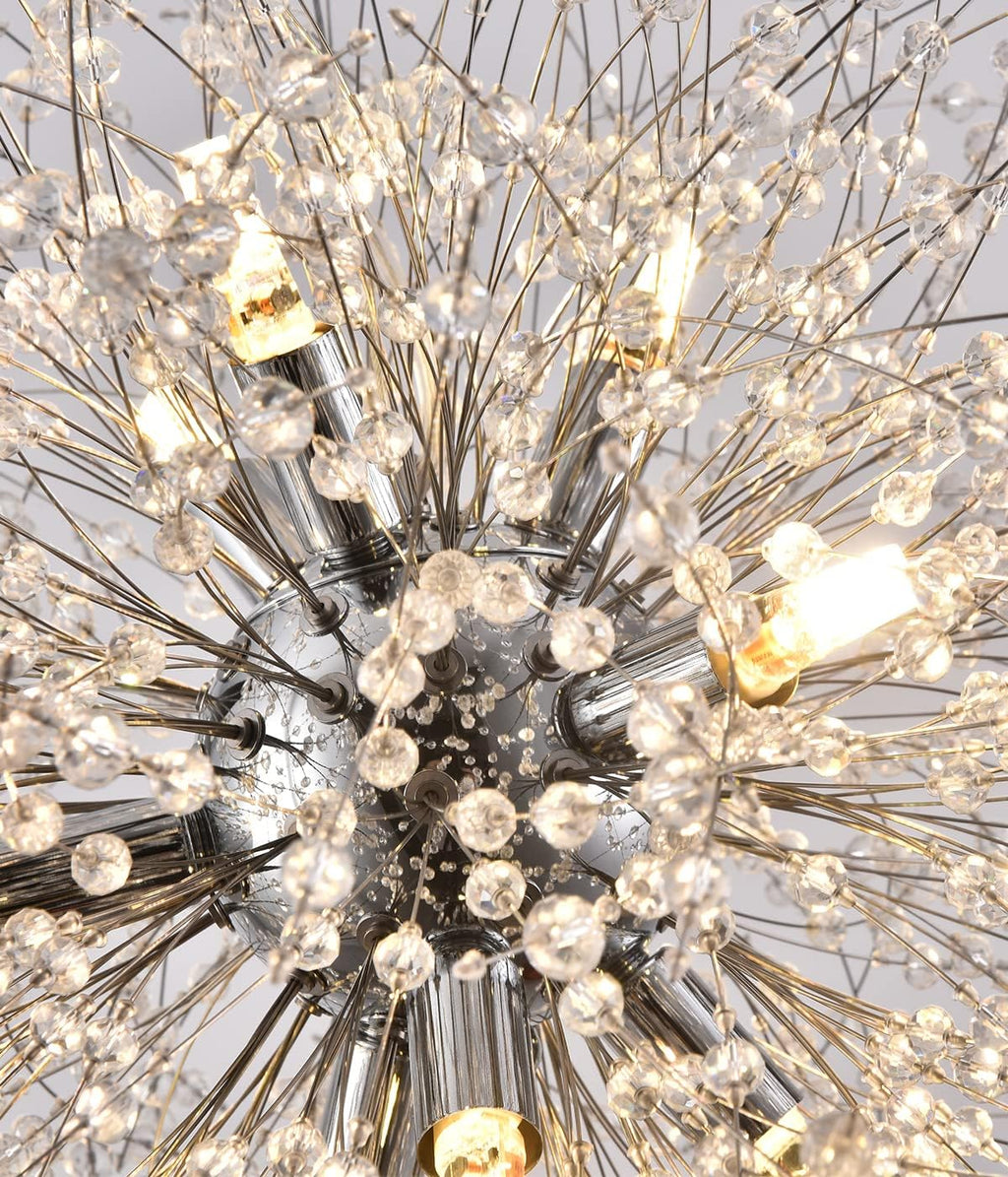 Firework Crystal Chandeliers, 9-Light Stainless Steel Dandelion Chandelier Chrome, 19.6' Modern Sputnik Pendant Lighting for Bedroom Dining Room