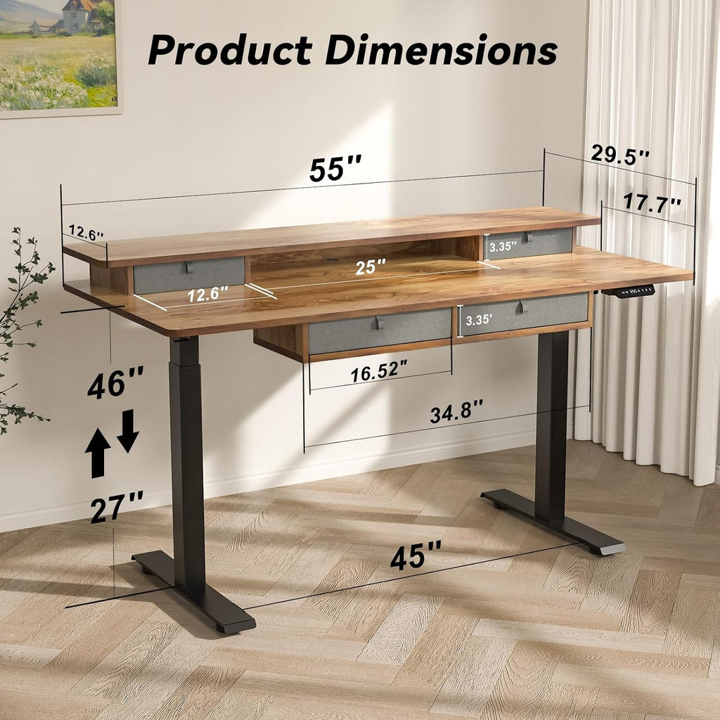 FiCiHi Adjustable Height Standing Desk with 4 Drawers,55 x 30 inches Electric Sit Stand Home Office Desk with Two Tiers, 3 Memory Presets, Monitor Stand Riser, USB A/C Charging Port