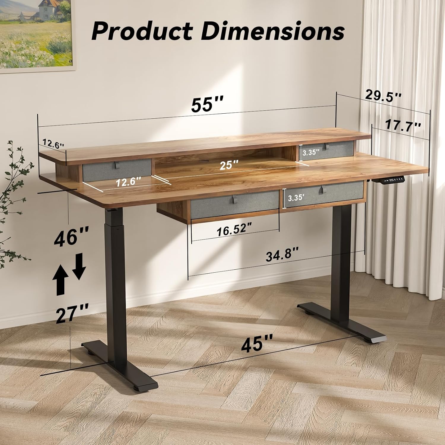 FiCiHi Adjustable Height Standing Desk with 4 Drawers,55 x 30 inches Electric Sit Stand Home Office Desk with Two Tiers, 3 Memory Presets, Monitor Stand Riser, USB A/C Charging Port