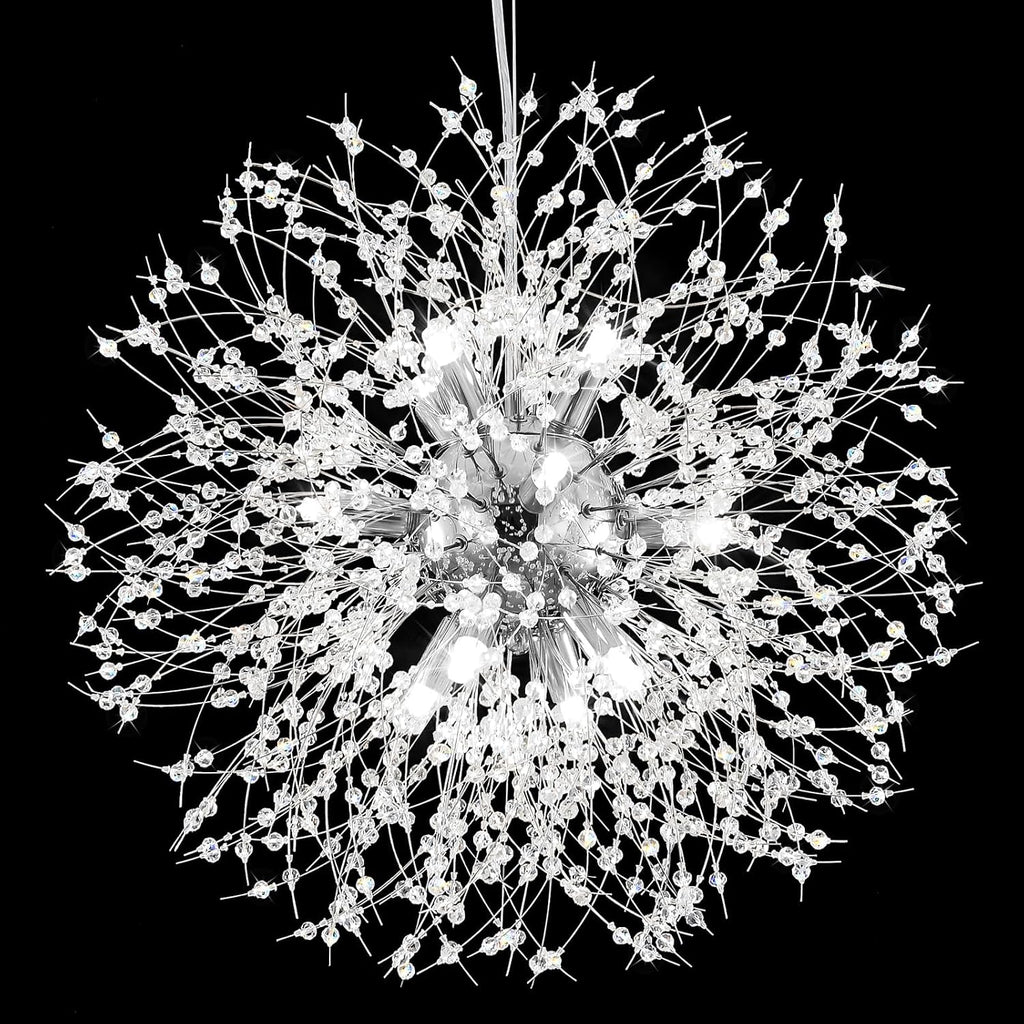 Qamra Modern Crystal Chandeliers, Chrome Firework Dandelion Sputnik Chandelier Light Fixture Pendant Lighting for Dining Room, Bedroom, Kitchen, Living Room(9-Light, Chrome)