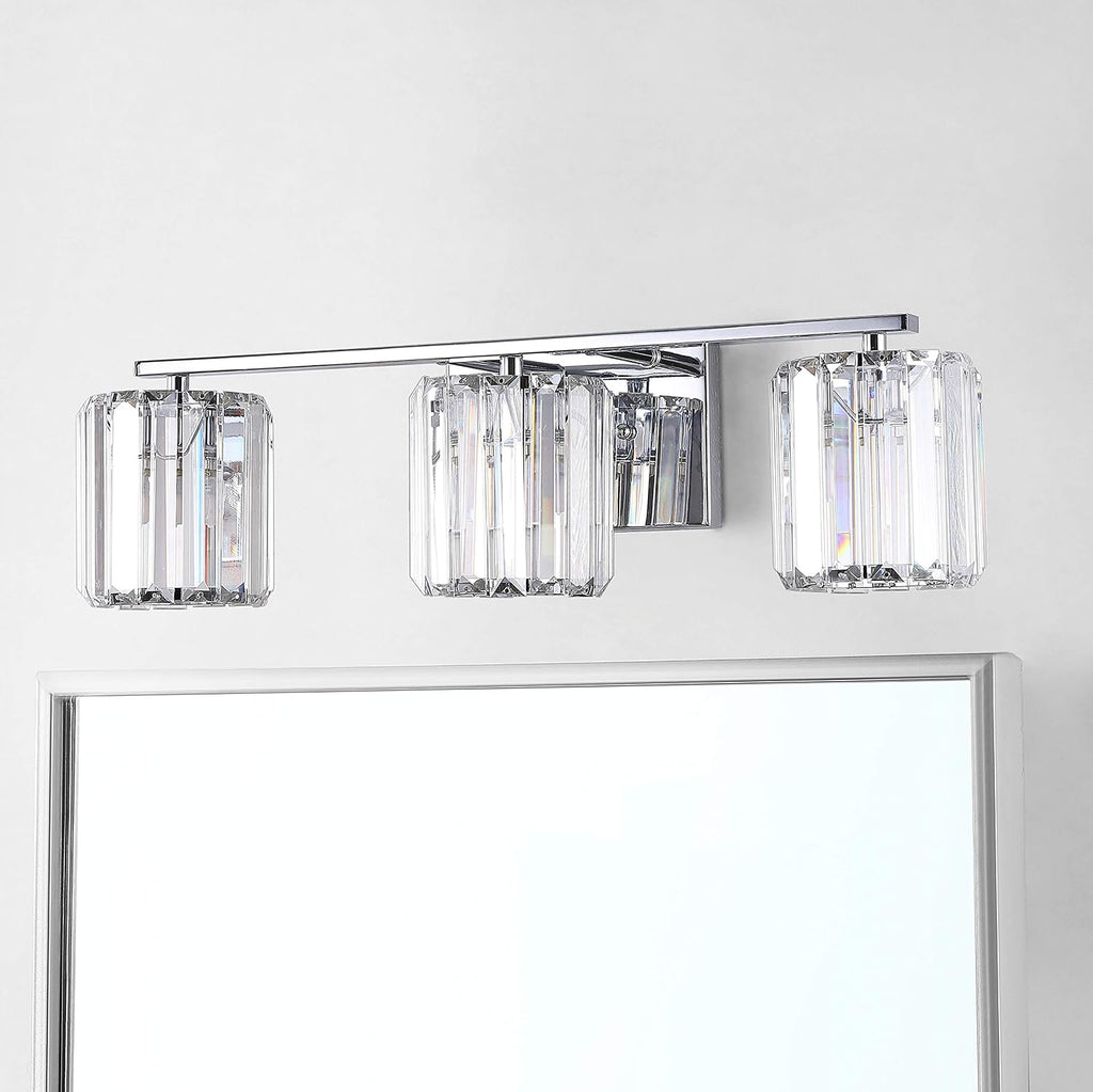 JONATHAN Y 4.75' Chrome 3-Light Vintage Glam LED Vanity Light Wall Sconce Fixture with Clear Crystal Prism Shade, Hardwired Wall Lamp for Bathroom Mirror Hallway, LED Bulb Included (JYL3554A)