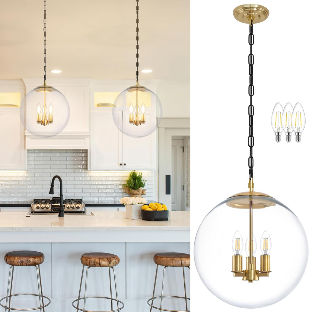 KoKo&Yukina 14' Gold Globe Pendant Light Mid Century Pendant Light Clear Glass Pendant Lights Kitchen Island Adjustable Hanging Light Fixture for Dining Room Bedroom Kitchen Island