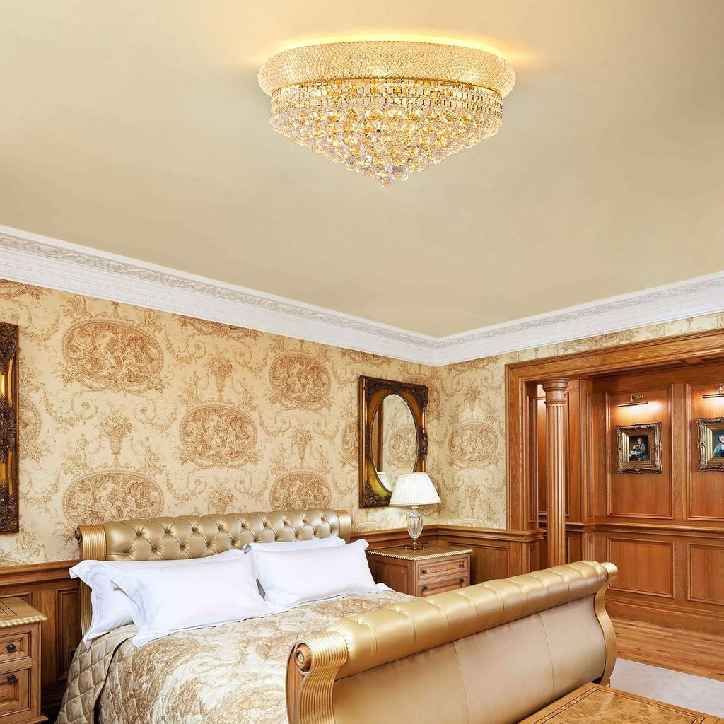 12 - Light Flush Mount Crystal Chandelier for Living Room Dining Room Entryway Hallway Bedroom Foyer Gold Finish
