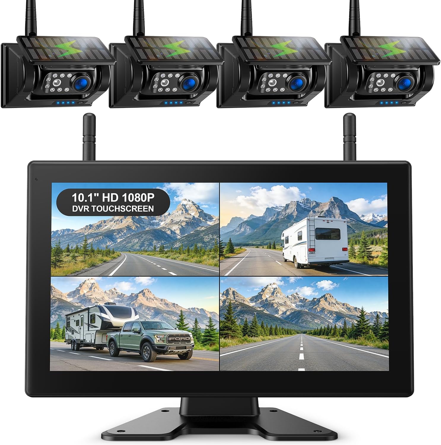 Fookoo 10.1' Solar Magnetic Wireless Backup Camera HD 1080P DVR Touchscreen Monitor Portable 1 Min DIY Install No Drilling Rechargeable Battery Night Vision for RV Camper Trailer - DTC1004