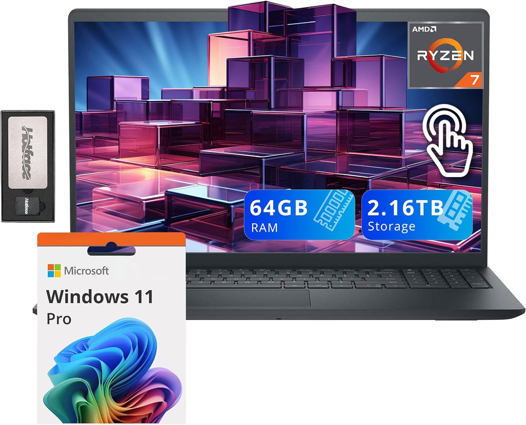 Dell Inspiron 15.6' Anti-Glare FHD Touchscreen Laptop, AMD Ryzen 7 7730U, 64GB DDR4 RAM, 2.16TB Storage(2TB SSD+160GB Docking Station Set), AMD Radeon Graphics, Number Pad, Webcam, Win 11 Pro, Black