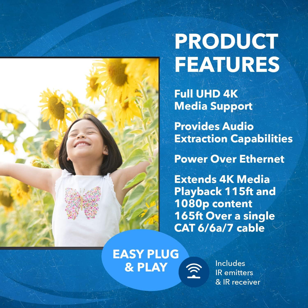OREI 1x8 HDMI Extender Splitter 4K, Multiple Over Single Cable CAT6/7 4K@60Hz 4:4:4 HDCP 2.2 with IR Remote EDID Management - Up to 115 Ft - Loop Out - Low Latency - Full Support