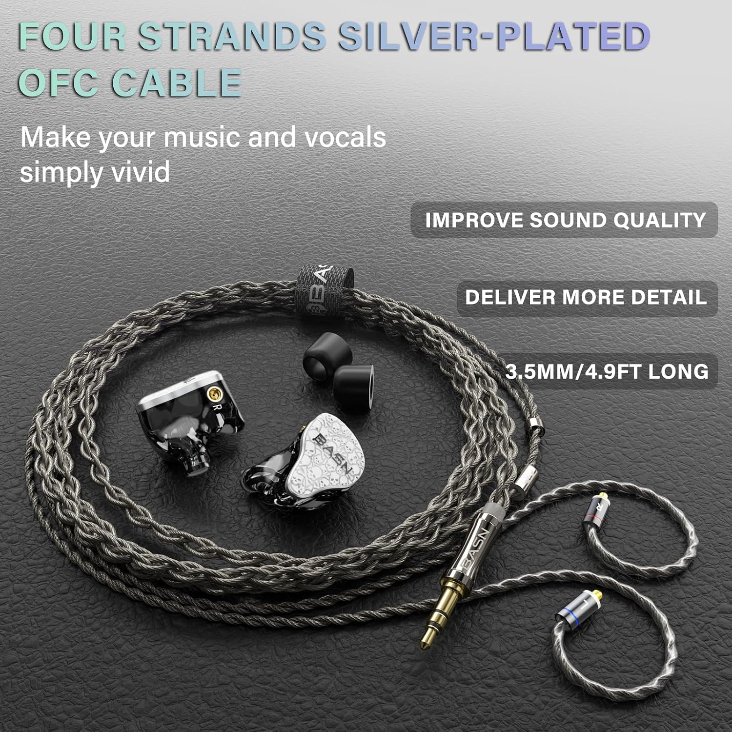 BASN Bmaster5 in Ear Monitors, 5 Drivers Drummer Headphones with Powerful Bass, Noise Isolation IEM Earbuds with Detachable MMCX Silver-Plated OFC Cable for Musicians (Glacier White, 3.5mm)