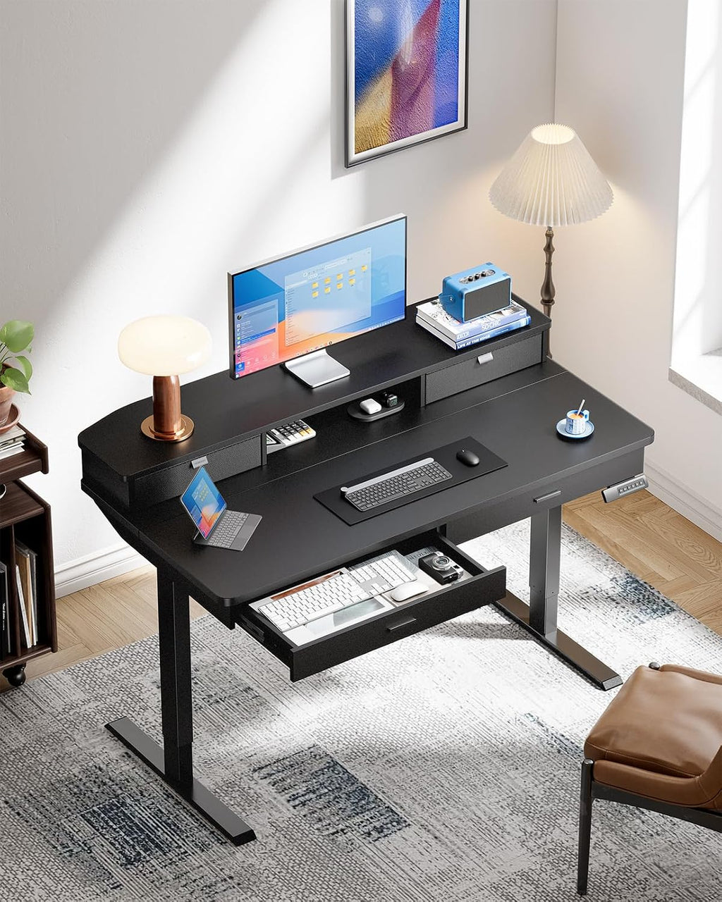 HUANUO 48 x 30 inch Electric Standing Desk with Wood Drawers, Adjustable Height Sit Stand Home Office Desk with Two Tiers, Ergonomic Adjustable Stand up Desk C-Clamp Monitor Mount Compatible, Black