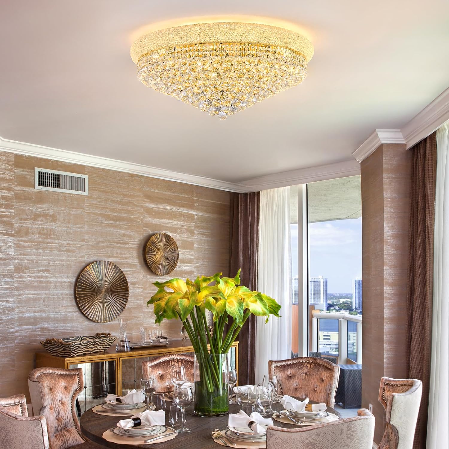 18 - Light Crystal Flush Mount Chandelier Ceiling Light Fixture for Living Room Dining Room Entryway Foyer Gold Finish