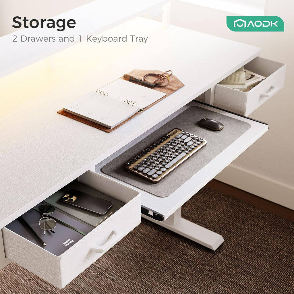 AODK Electric Standing Desk with Drawers & Keyboard Tray, 55 Inch Height Adjustable Gaming Desk with Power Outlets & LED Lights, Sit Stand Table with Monitor Stand for Home, Office, White