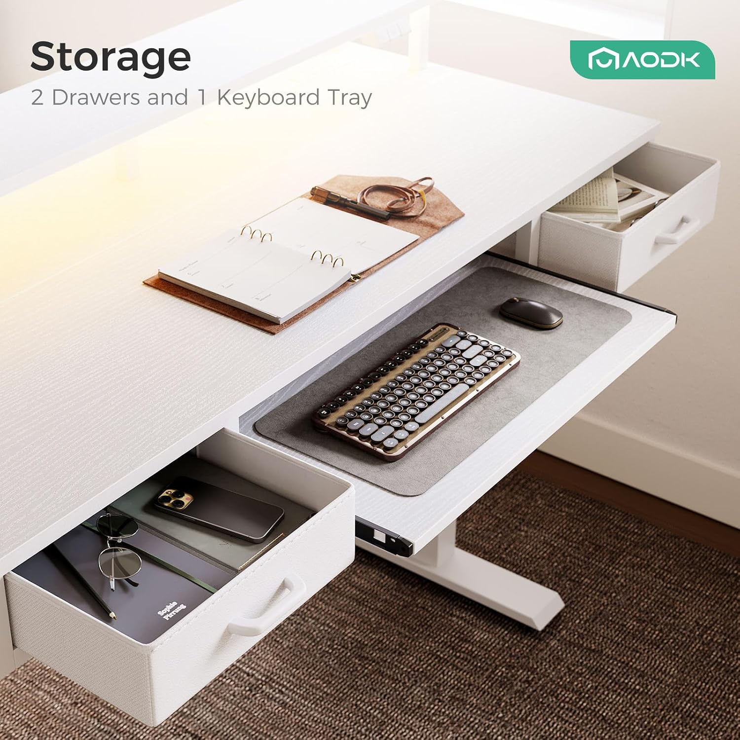 AODK Electric Standing Desk with Drawers & Keyboard Tray, 55 Inch Height Adjustable Gaming Desk with Power Outlets & LED Lights, Sit Stand Table with Monitor Stand for Home, Office, White