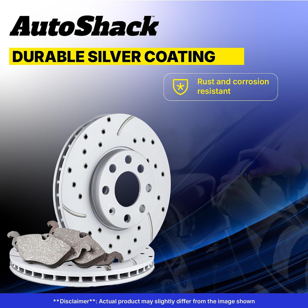 AutoShack Front & Rear Brake Rotors & Premium Pads for Honda, Civic 2006-2011, FWD L4 1.8L - Coated Drilled & Slotted - Silver Matte Finish - TurboGuard