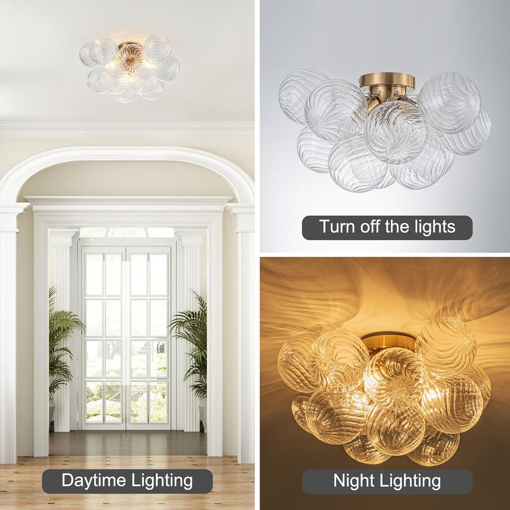 GoYeel Semi Flush Chandelier Gold, Modern Light Fixtures Ceiling Mount Lighting Pendant 3 Light Dining Chandeliers Over Table Glass 18.5' 13 Clear Swirled Globe for Foyer Bedroom Kitchen