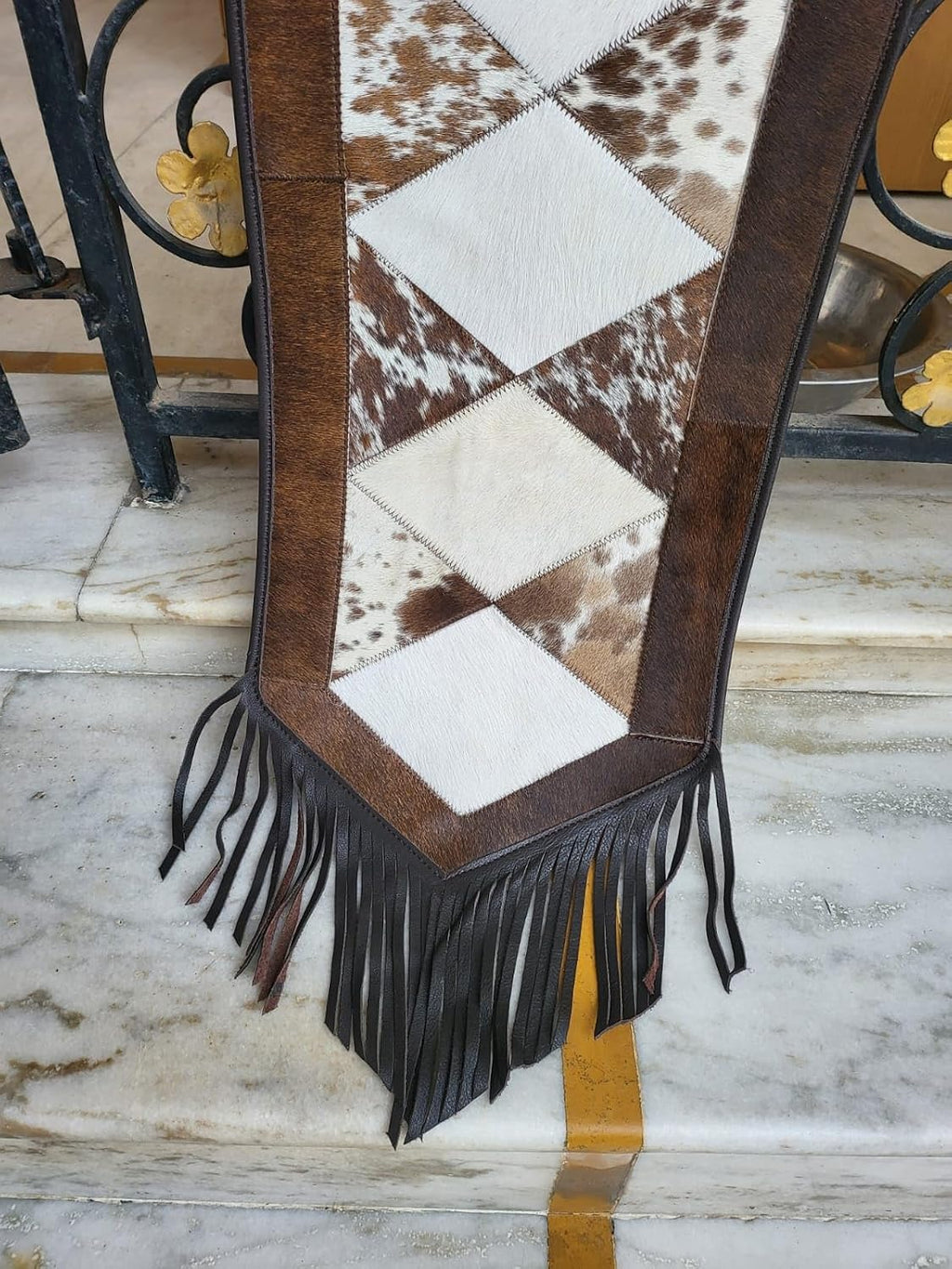 Leather Cow Hide Table Runner 12 x 72 inches Long Decorated with Brown and White Laser Cut Diamond Shape Patch in Between - Black Fringe at Both Corners