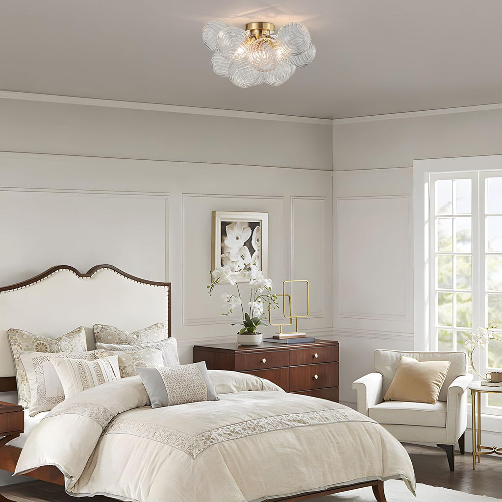 GoYeel Semi Flush Chandelier Gold, Modern Light Fixtures Ceiling Mount Lighting Pendant 3 Light Dining Chandeliers Over Table Glass 18.5' 13 Clear Swirled Globe for Foyer Bedroom Kitchen