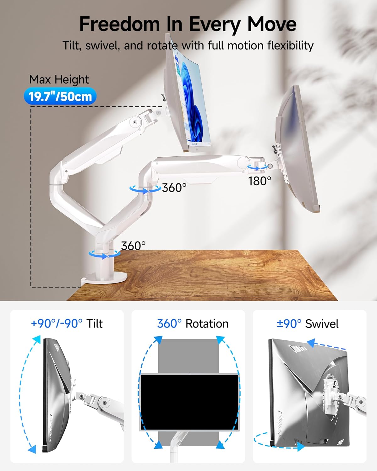 BIZUM Dual Monitor Stand for 17″-42', Heavy Duty Ultrawide Monitor Arm Dual-Monitor Mount VESA Mount with Clamp/Grommet Base, Holds 33.1lbs per Arm, White
