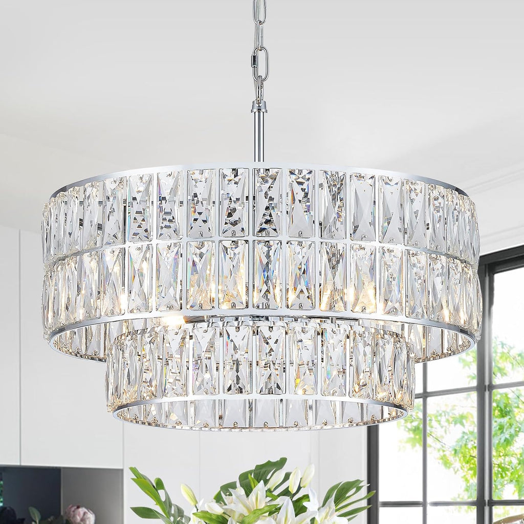 CATINER 20'' Modern Crystal Chandelier Luxury 6-Lights Chrome Semi Flush Mount Ceiling Light Fixtures Round Crystal Pendant Chandelier for Living Room Dining Room Kitchen Foyer Bedroom