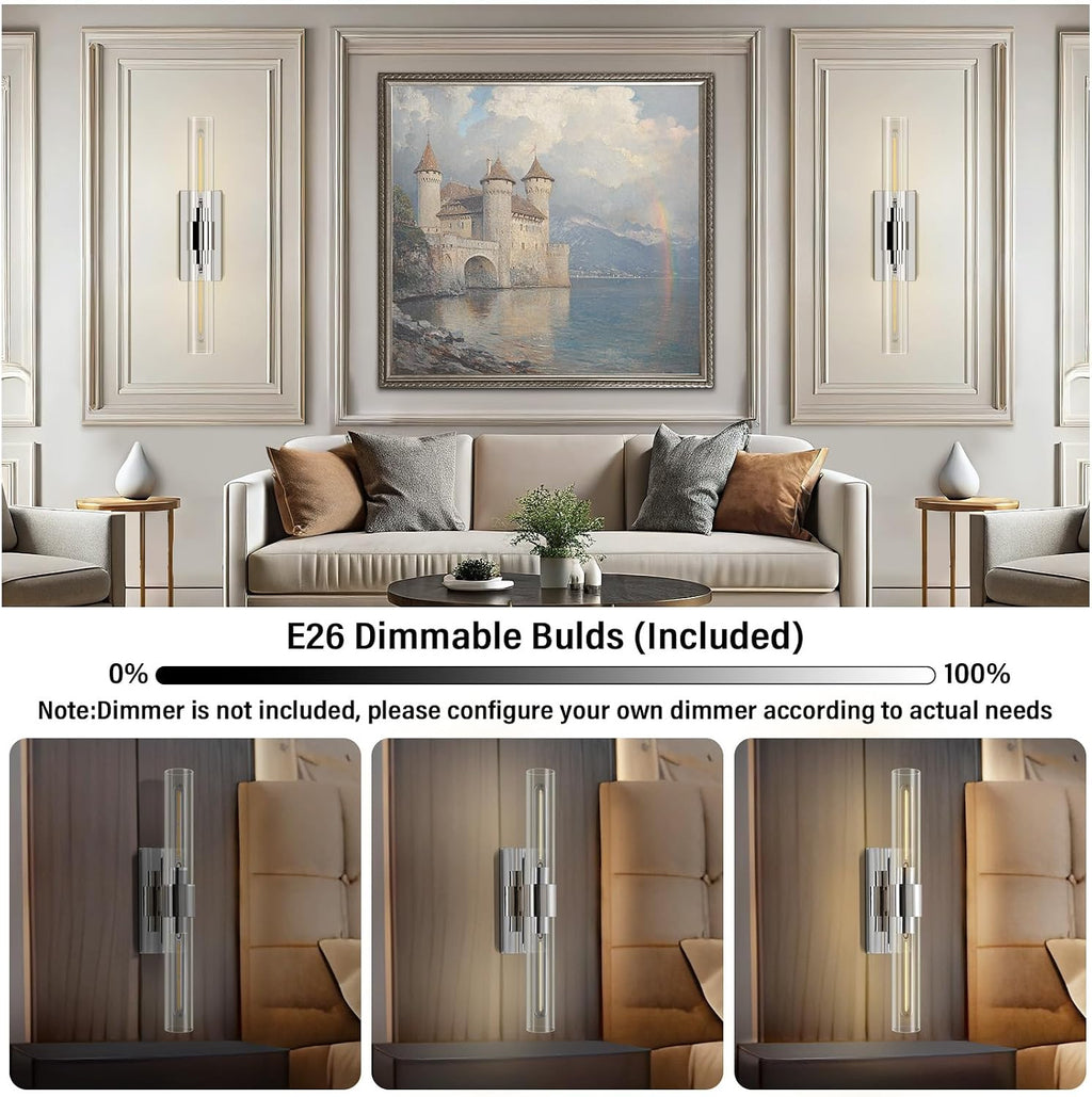 Wall Sconces Set of Two 22.8' Indoor Wall Light Fixtures, Nickel Bathroom Vanity Light Fixtures with Clear Glass, Modern Wall Lamp for Bathroom Living Room Bedroom Hallway(Bulb Included)