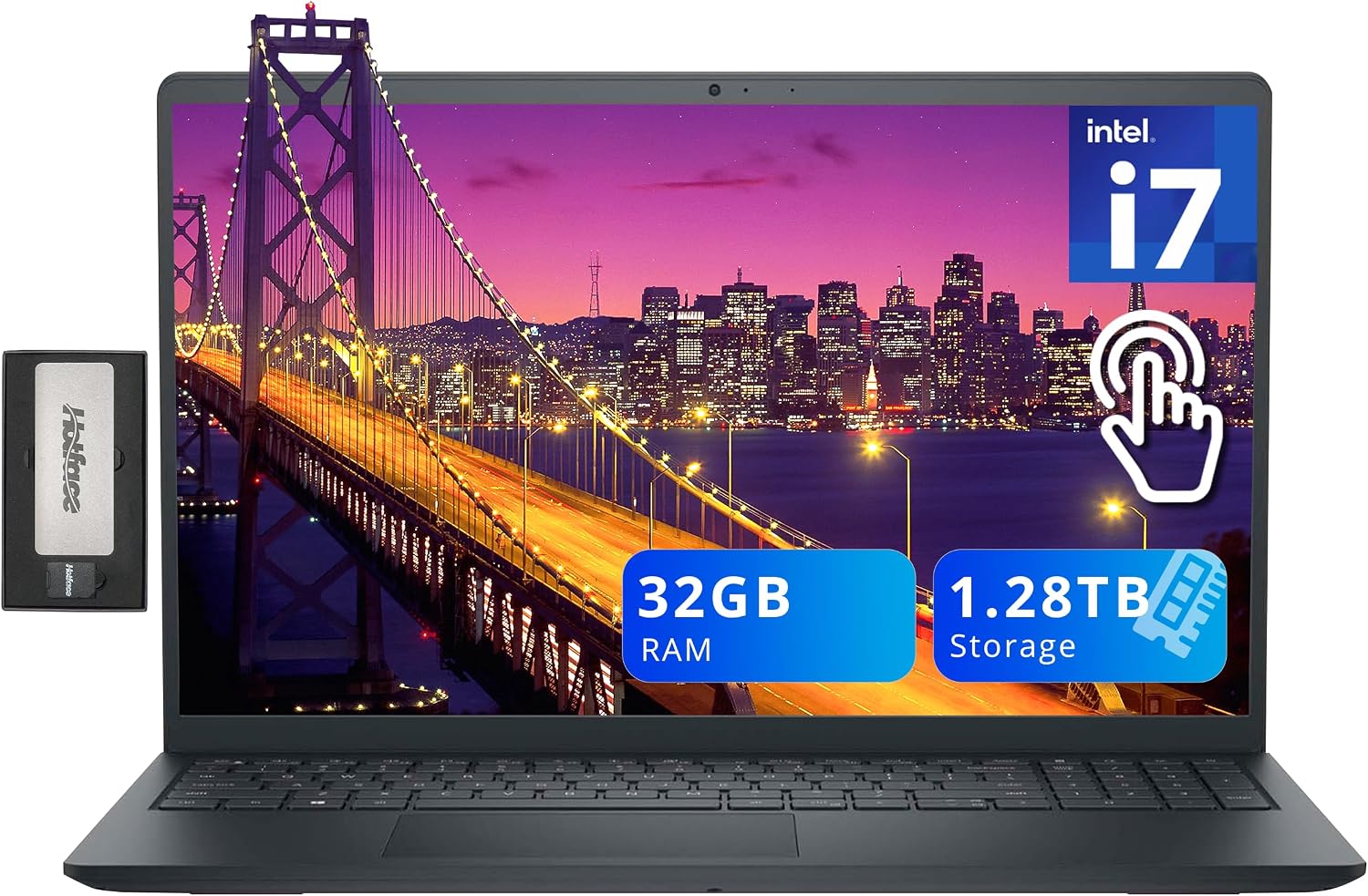 Dell Inspiron 15 3520 15.6' FHD Touchscreen Laptop, Intel i7-1255U, 32GB RAM, 1.28TB Storage (1TB SSD + 288GB Docking Station Set), Iris Xe Graphics, Camera, Num Pad, WiFi, Windows 11, Black