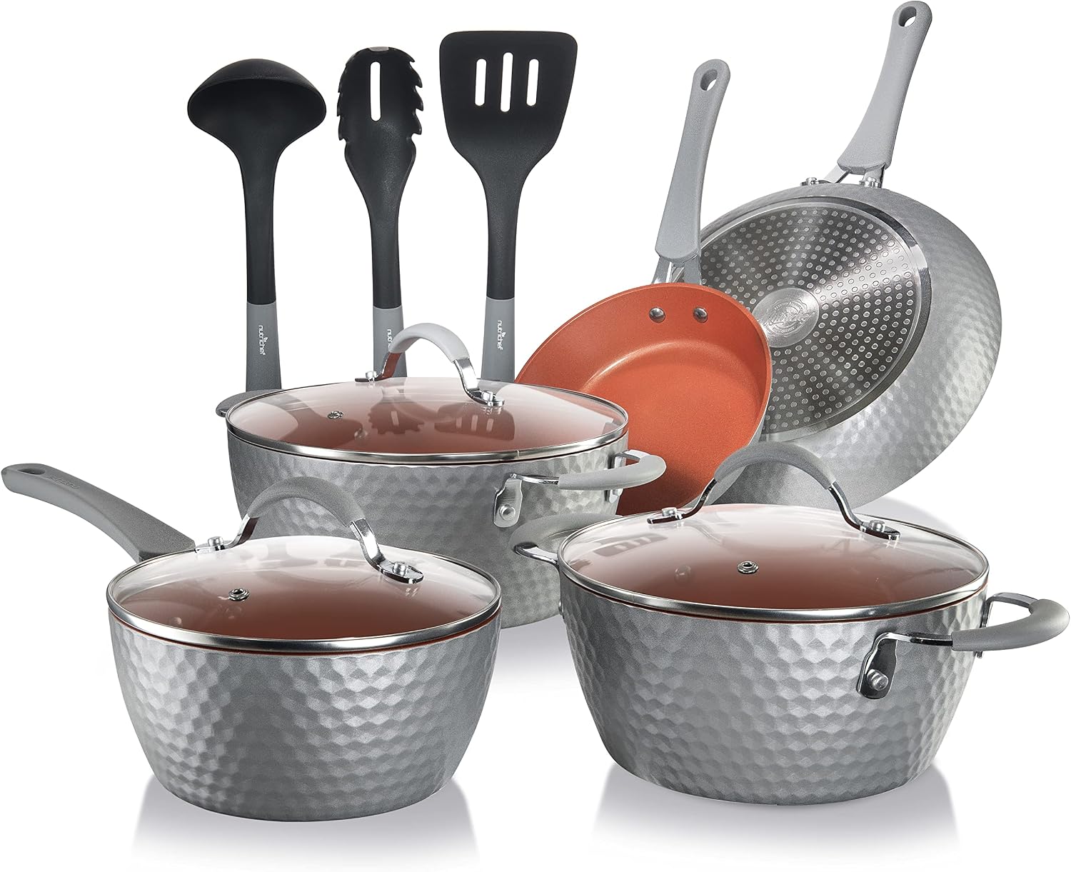NutriChef 11 Piece Nonstick Ceramic Cookware Set - Pots and Pans Set with Ergonomic Handles, Induction Ready, Includes Saucepan, Dutch Oven, Large & Small Fry Pans
