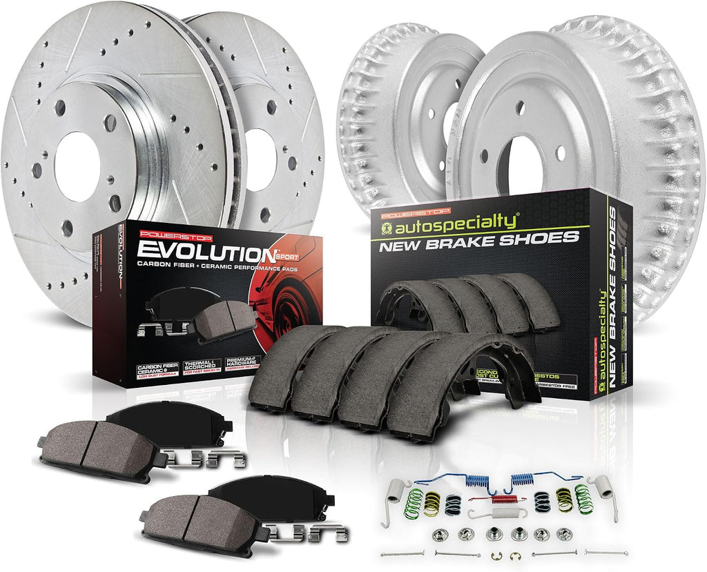 Power Stop K15241DK Front and Rear Z23 Carbon Fiber Brake Pads with Drilled & Slotted Brake Drums Kit For Honda Civic 2006-2011 [Model Specific]