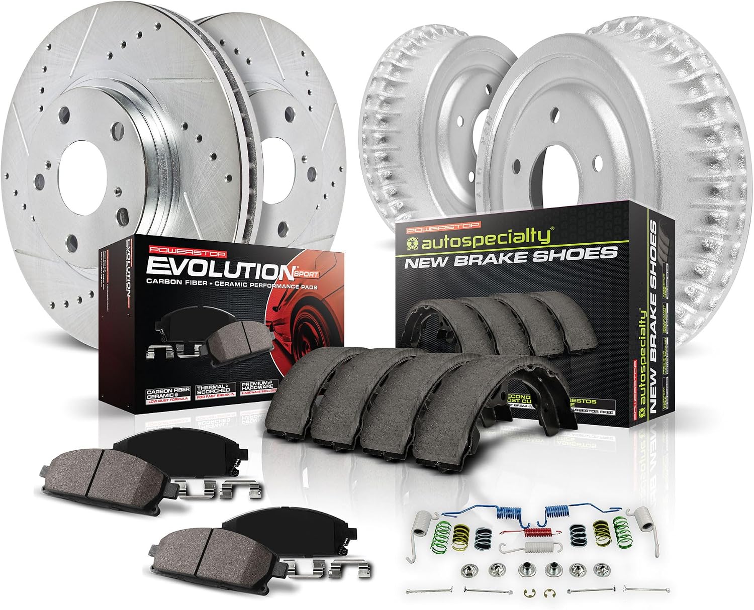 Power Stop K15241DK Front and Rear Z23 Carbon Fiber Brake Pads with Drilled & Slotted Brake Drums Kit For Honda Civic 2006-2011 [Model Specific]