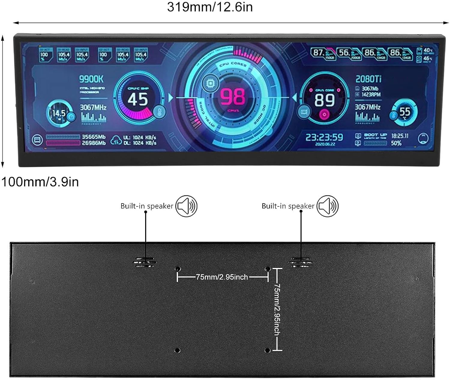 Pomya 12.6 Inch LCD Screen Monitor, Portable Laptop Screen Extender with 1920x515 Stretched Bar LCD Display Portable Monitor for Laptop Computer, Programmers