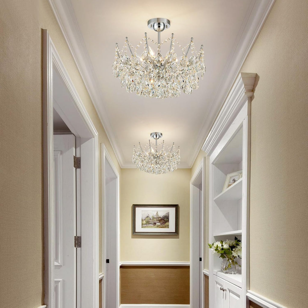 Crystal Ceiling Light Fixture, 6-Lights Modern Crystal Chandeliers for Dining Room Light Fixture, Semi Flush Mount Ceiling Light for Bedroom Kitchen Hallway Entryway Foyer Bathroom Living Room
