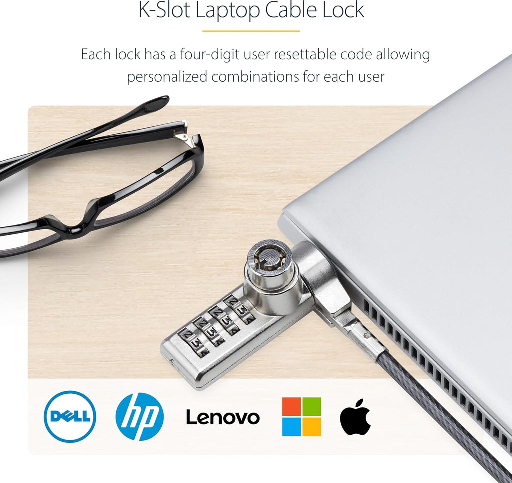 StarTech.com 10-Pack Dual-Access Laptop Lock, 6.6ft (2m) Keyed Alike and Combination Security Cable Lock for K-Slot Devices, TAA