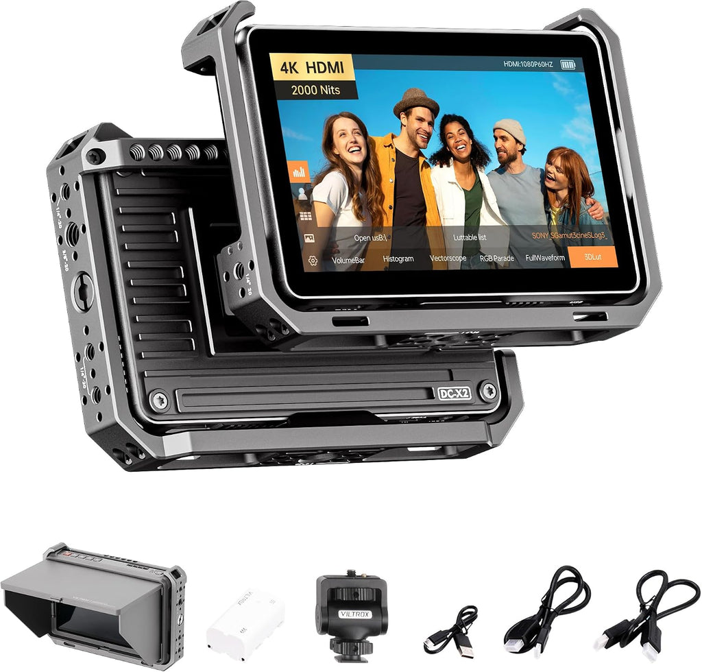 VILTROX DC-X2 2000 Nits Camera Field Monitor Kit with Rig Cage 6 Inch Touchscreen DSLR Monitor with 1920x1080 IPS 4K HDMI Loop in/Out 3D LUTs Waveform Video Peaking Focus Assist Battery Sunshade Hood