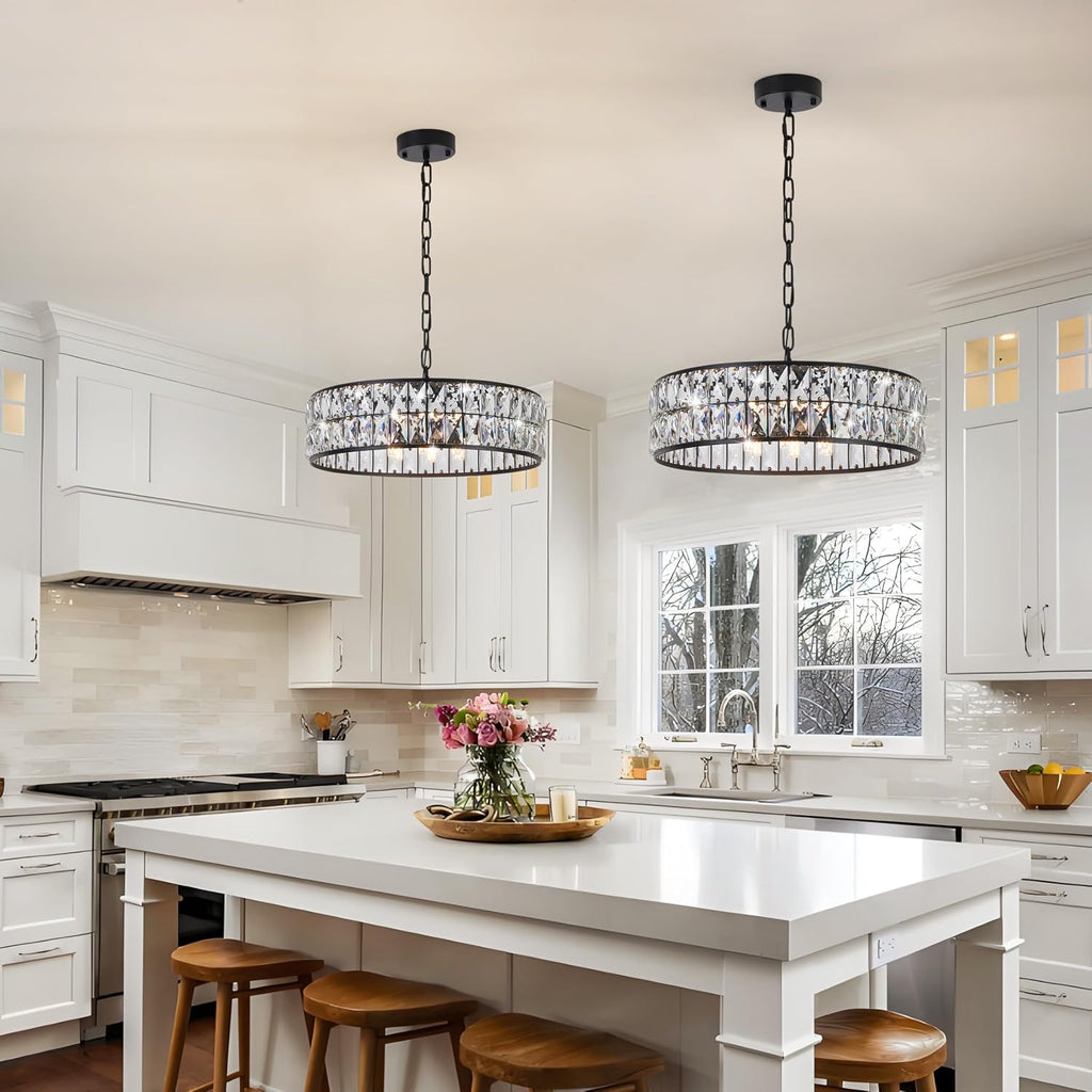 Modern Elegant 6-Light Black Crystal Chandelier, 18-Inch Oversized Round Semi Flush Mount Ceiling Light Fixture, Perfect for Enhancing Kitchen Island Ambiance & Stylish Entryway Décor