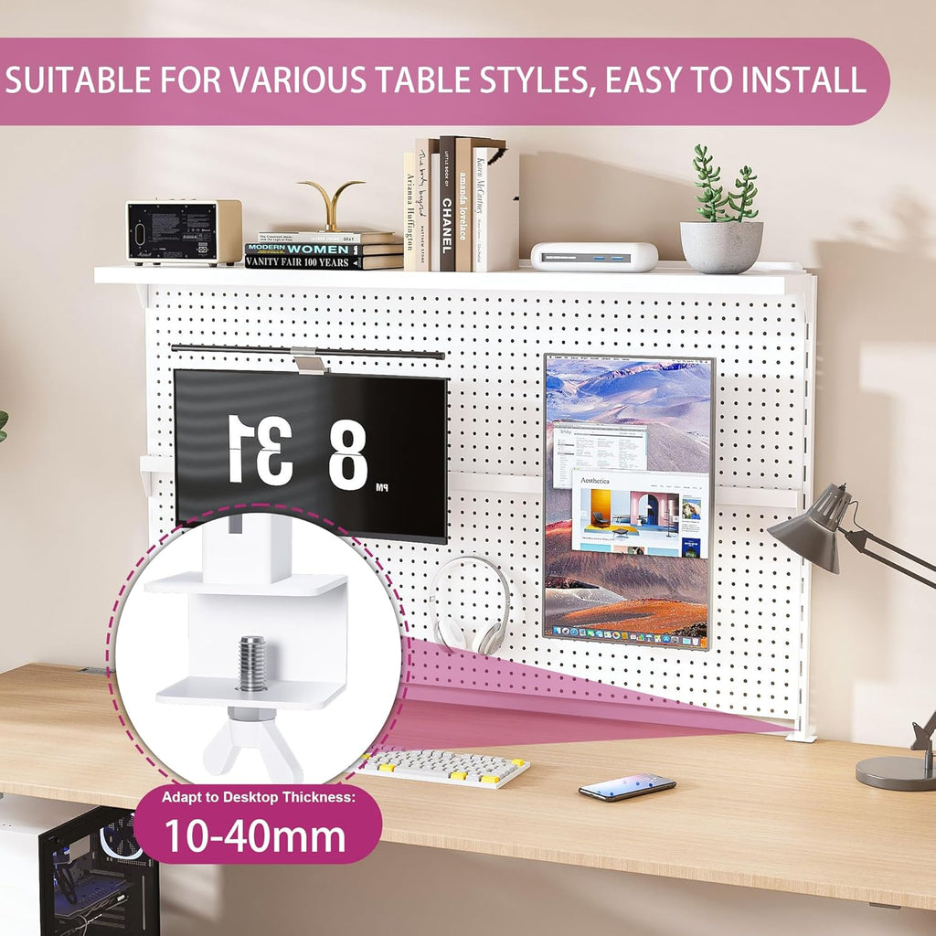 KEIKI Metal Pegboard Desk Organizer with Dual Monitor Stand, 59' x 35' Large Desk Peg Board with Hooks & Movable Panel, Office Organization and Storage Shelf for Gaming or Workstation Setup, White