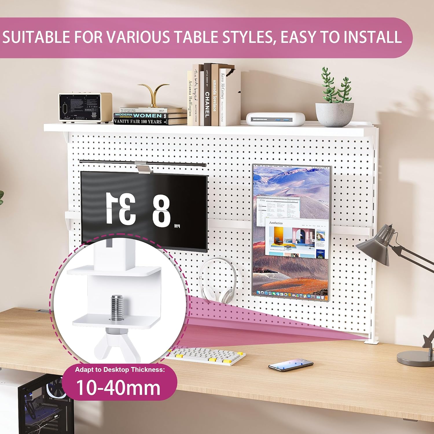 KEIKI Metal Pegboard Desk Organizer with Dual Monitor Stand, 59' x 35' Large Desk Peg Board with Hooks & Movable Panel, Office Organization and Storage Shelf for Gaming or Workstation Setup, White