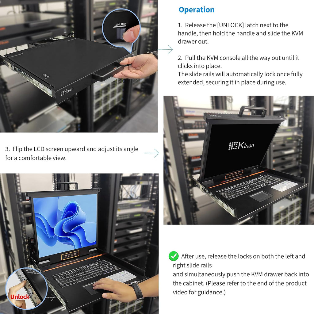 1U Rack Mount KVM Console-19'' Rackmount Monitor Keyboard and Single Port HDMI KVM, 50,000 MTBF,1280X1024 60Hz,17.6×19.9×1.67 Inches(WXDXH),Fit 1U 19'' Rack, 1 USB HDMI Cable,1 Power Cord, 4 Brackets
