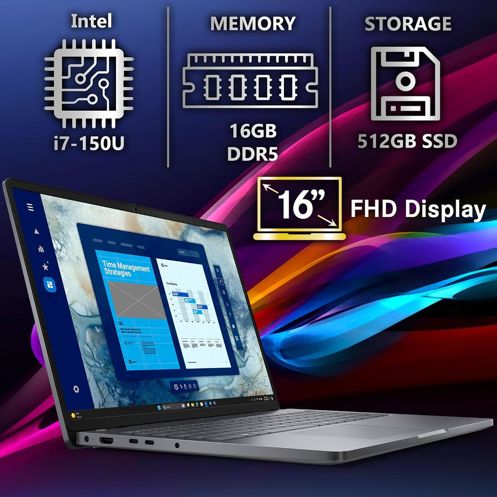 Dell Pro 16 (Replaces Latitude 3550) 16' WUXGA Display Business Laptop, Intel i7-150U, 16GB DDR5 RAM, 512GB SSD PCIe, WiFi 6E + BT, RJ-45, Backlit Keyboard, HD Webcam, Windows 11 Pro - Black