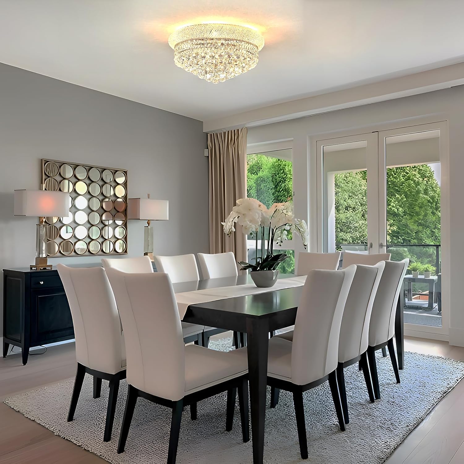 9 - Light Flush Mount Crystal Chandelier for Living Room Dining Room Entryway Hallway Bedroom Foyer Chrome Finish