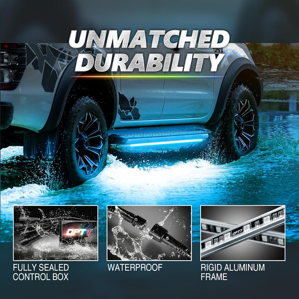 OPT7 Aura Pro Underglow LED Lights with APP & Remote Control, RGB Multicolor Mode, Music Sync, 4 PCS Waterproof Rigid Aluminum Light Bar, Exterior Underbody Lighting Kit Universal Fit for Car Truck RV