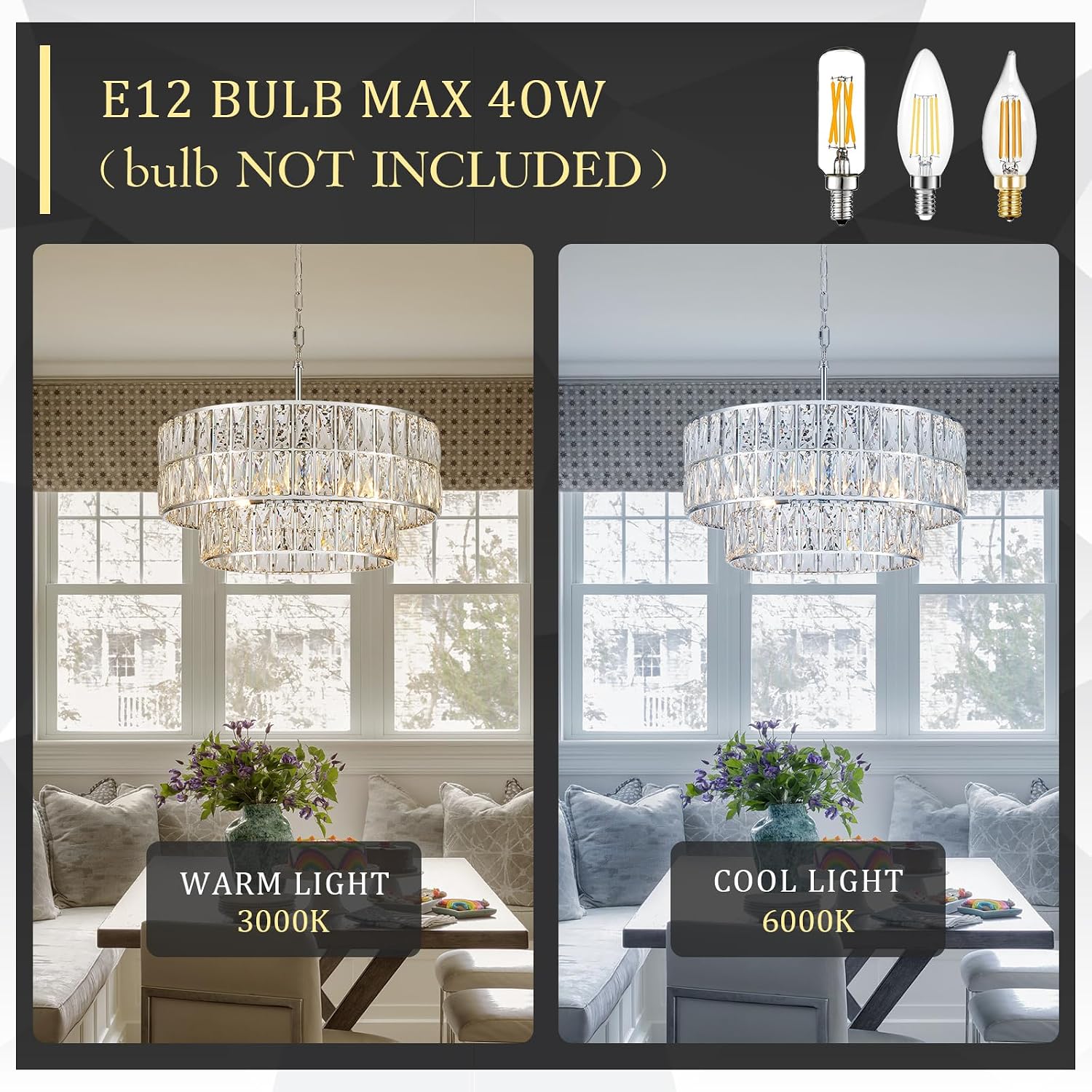CATINER 20'' Modern Crystal Chandelier Luxury 6-Lights Chrome Semi Flush Mount Ceiling Light Fixtures Round Crystal Pendant Chandelier for Living Room Dining Room Kitchen Foyer Bedroom