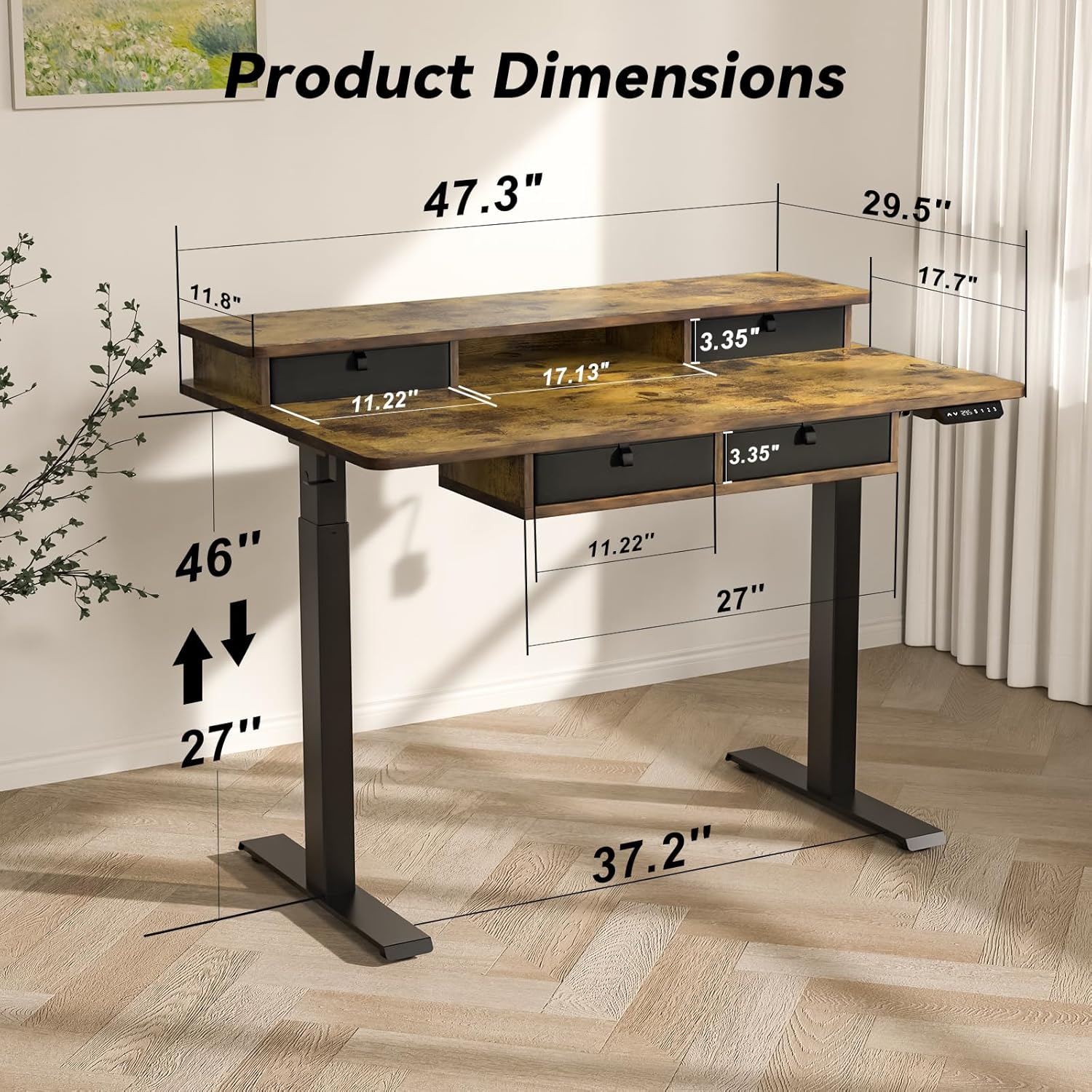 FiCiHi Adjustable Height Standing Desk with 4 Drawers,48 x 30 inches Electric Sit Stand Home Office Desk with Two Tiers, 3 Memory Presets, Monitor Stand Riser, USB A/C Charging Port