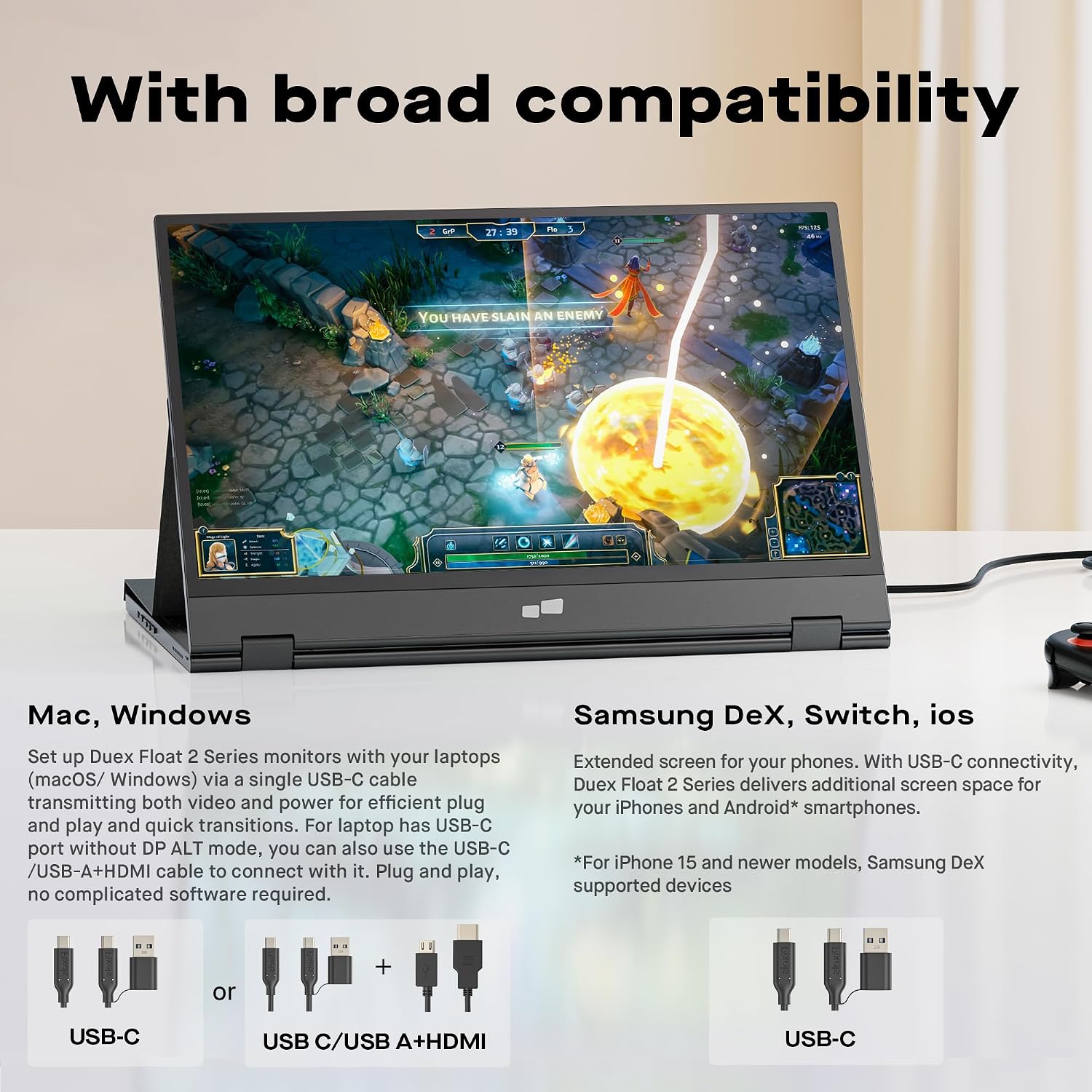 Mobile Pixels Duex Float 2 Pro 16' 2.5K Portable Laptop Monitor, Ultra-Thin Dual Laptop Screen Extender with Built-in Kickstand, USB-C/HDMI Plug and Play, Built-in Speakers, for Mac, Windows, Phone