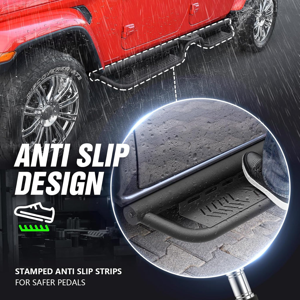 Running Boards Compatible with 2020-2026 Jeep Gladiator JT 4 Doors, Two Stairs Design Side Steps Heavy-Duty Steel Nerf Bars Bolt-on Step Plates RockSliders Rail