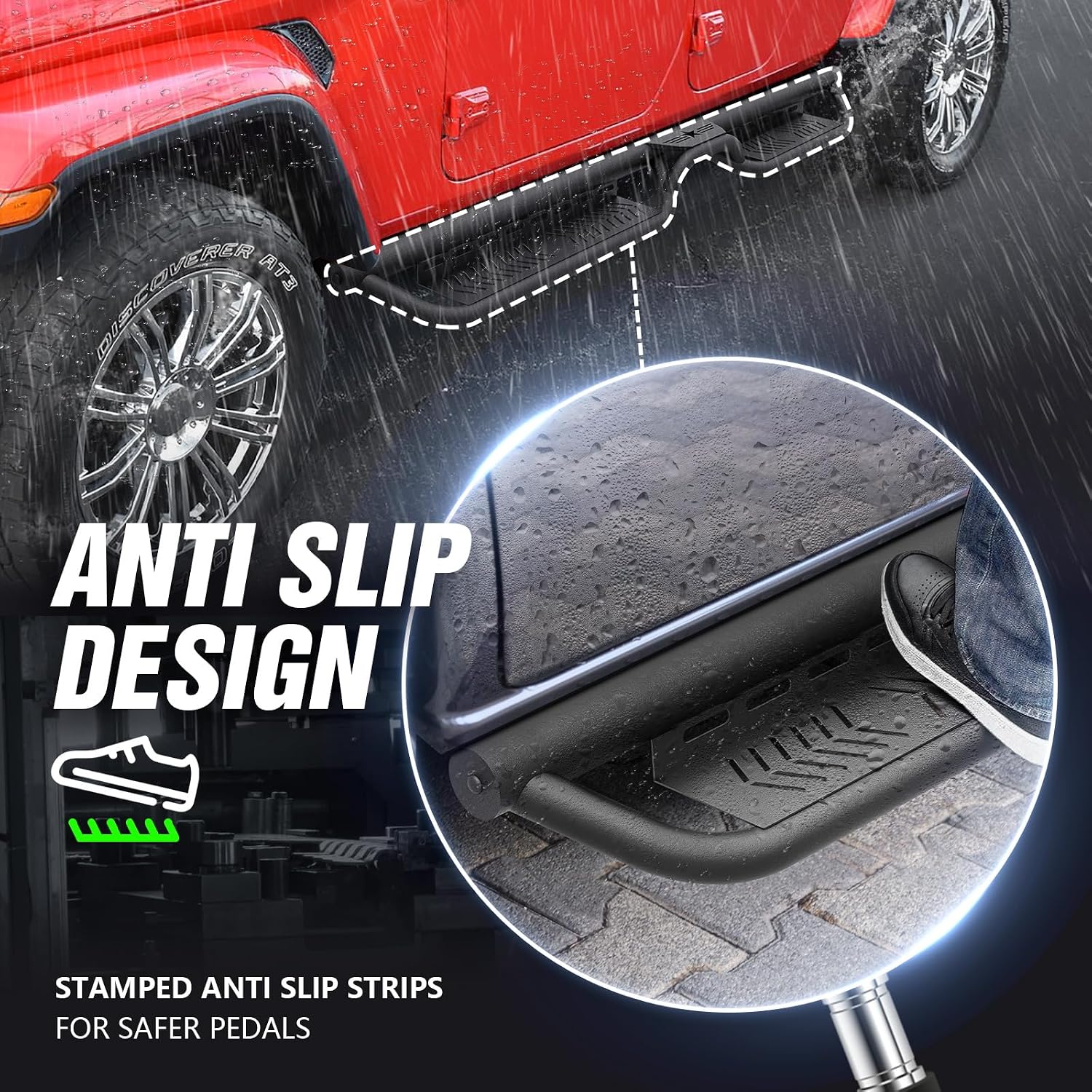 Running Boards Compatible with 2020-2026 Jeep Gladiator JT 4 Doors, Two Stairs Design Side Steps Heavy-Duty Steel Nerf Bars Bolt-on Step Plates RockSliders Rail