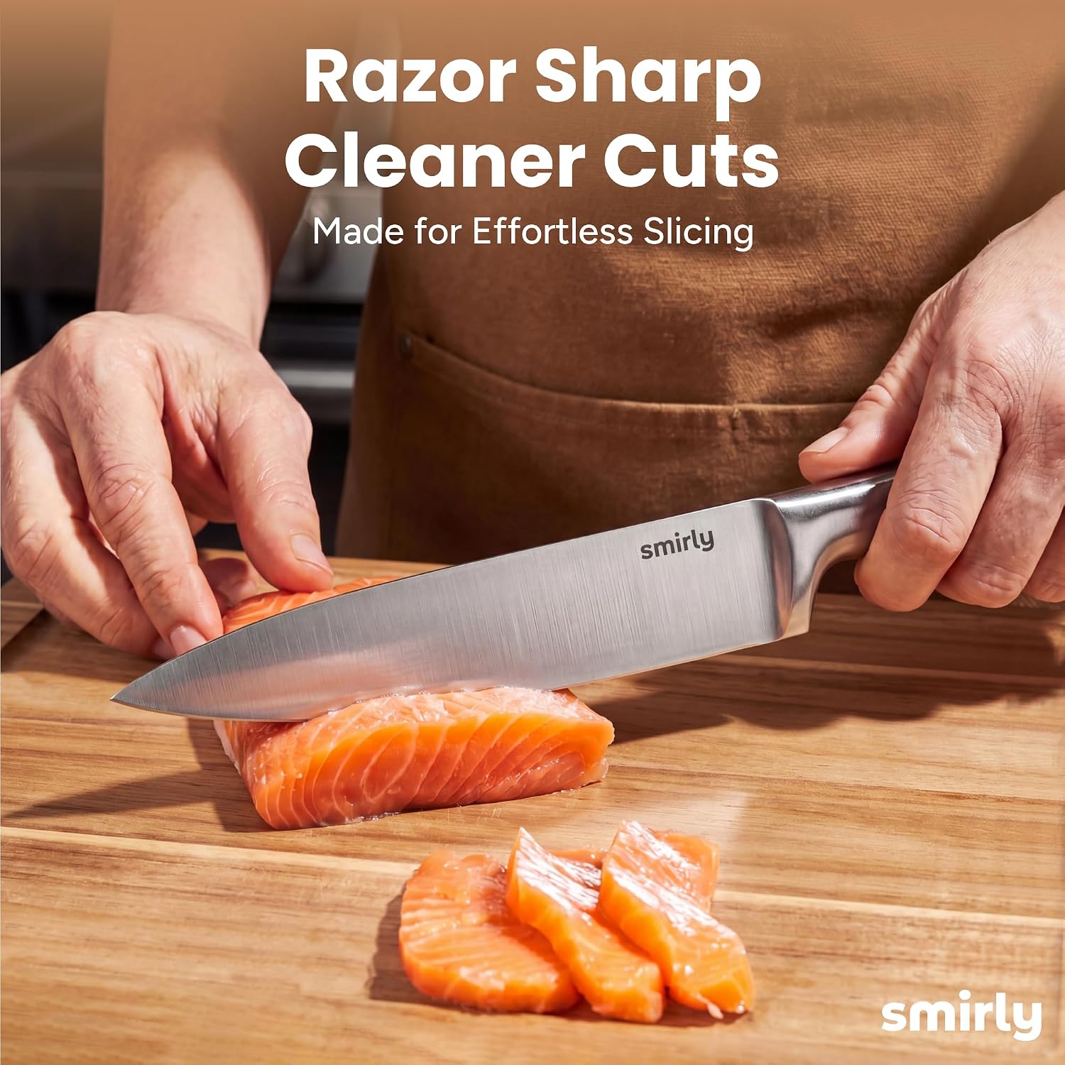 SMIRLY 15 Piece Knife Set with Block - Kitchen Knife Sets with Block and Sharpener - Heavy Duty Wooden Block with One-Piece Design Stainless Steel Knives Dishwasher Safe