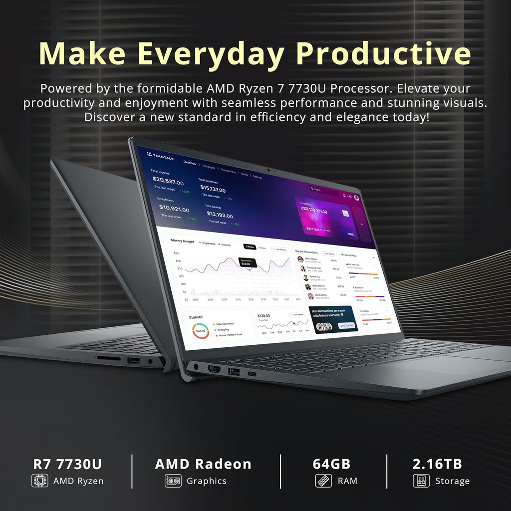 Dell Inspiron 15.6' Anti-Glare FHD Touchscreen Laptop, AMD Ryzen 7 7730U, 64GB DDR4 RAM, 2.16TB Storage(2TB SSD+160GB Docking Station Set), AMD Radeon Graphics, Number Pad, Webcam, Win 11 Pro, Black