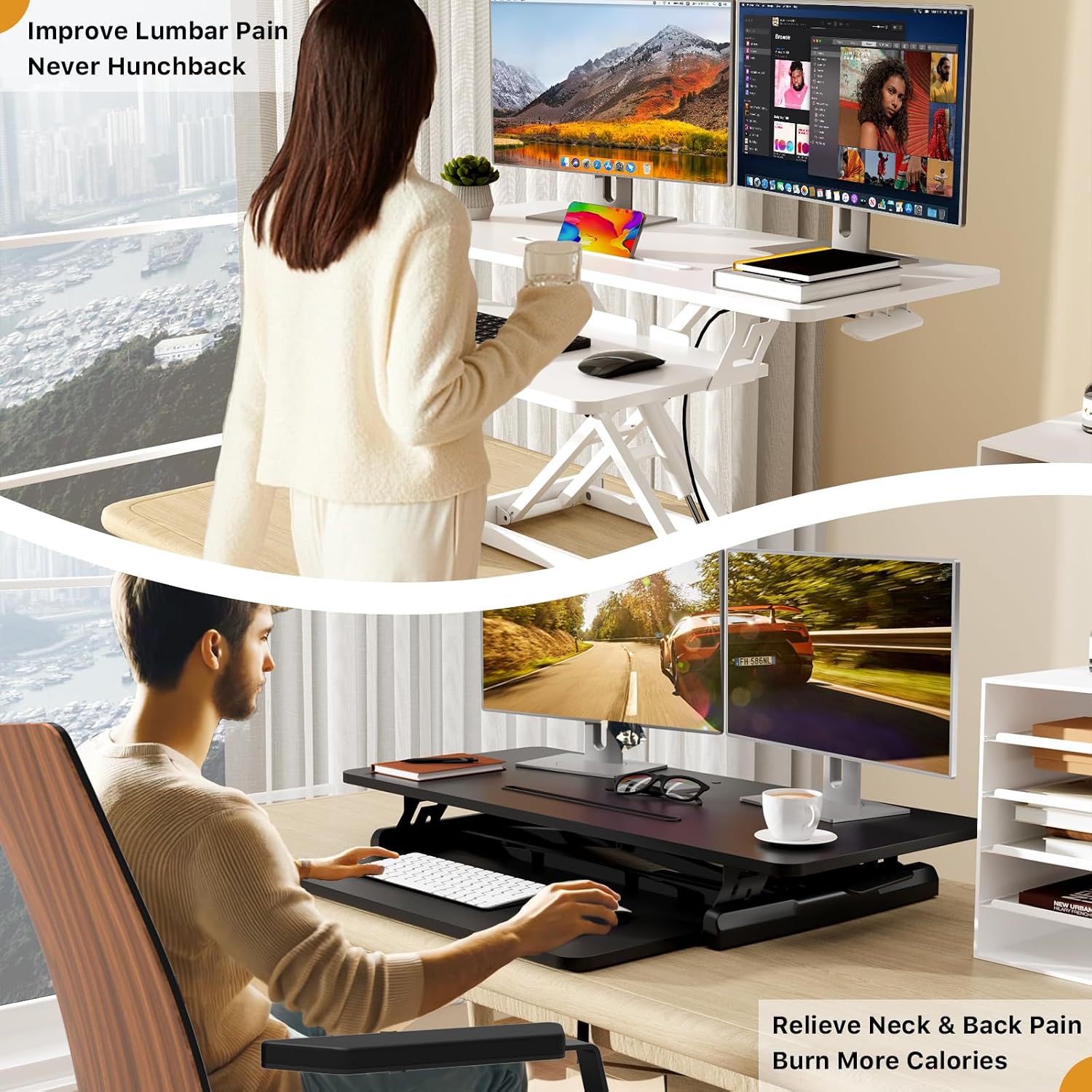 JOY worker Standing Desk Converter, 35' Wide Height Adjustable Sit Stand Up Desk Riser with Keyboard Tray, Desktop Workstation Riser for Home Office Computer Laptop, Particle Board, White