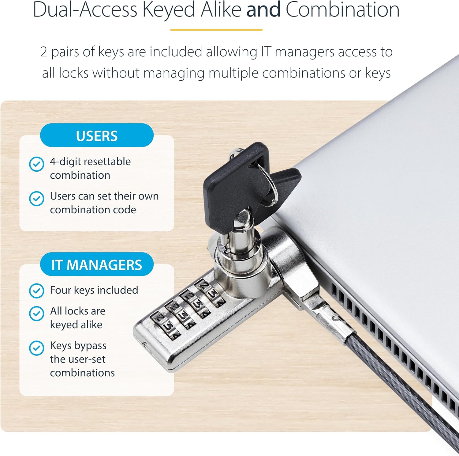 StarTech.com 10-Pack Dual-Access Laptop Lock, 6.6ft (2m) Keyed Alike and Combination Security Cable Lock for K-Slot Devices, TAA